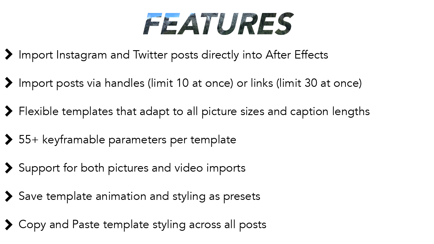 Features: Import Instagram and Twitter posts directly into After Effects. Import posts via handles (limit 10 at once) or links (limit 30 at once). Flexible templates that adapt to all picture sizes and caption lengths. 55+ keyframable parameters per template. Support for both pictures and video imports. Save template animation and styling as presets. Copy and paste template styling across all posts.