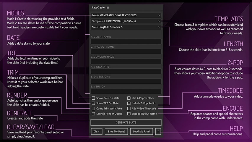 Layout and descriptions of the Slate Create panel.