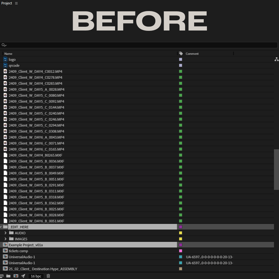 Animated GIF showing an after effects project before and after its sorted.