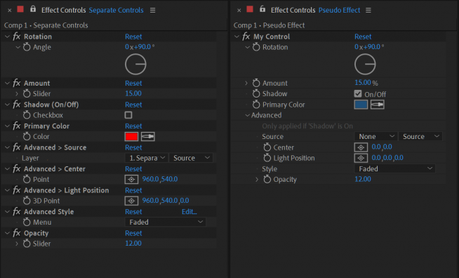 A messy control made up of individual expression controls verses a single, organized pseudo effect