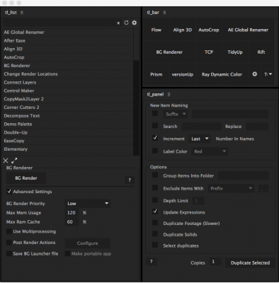 Tool Launcher panels with BG Renderer and True Comp Duplicator launched