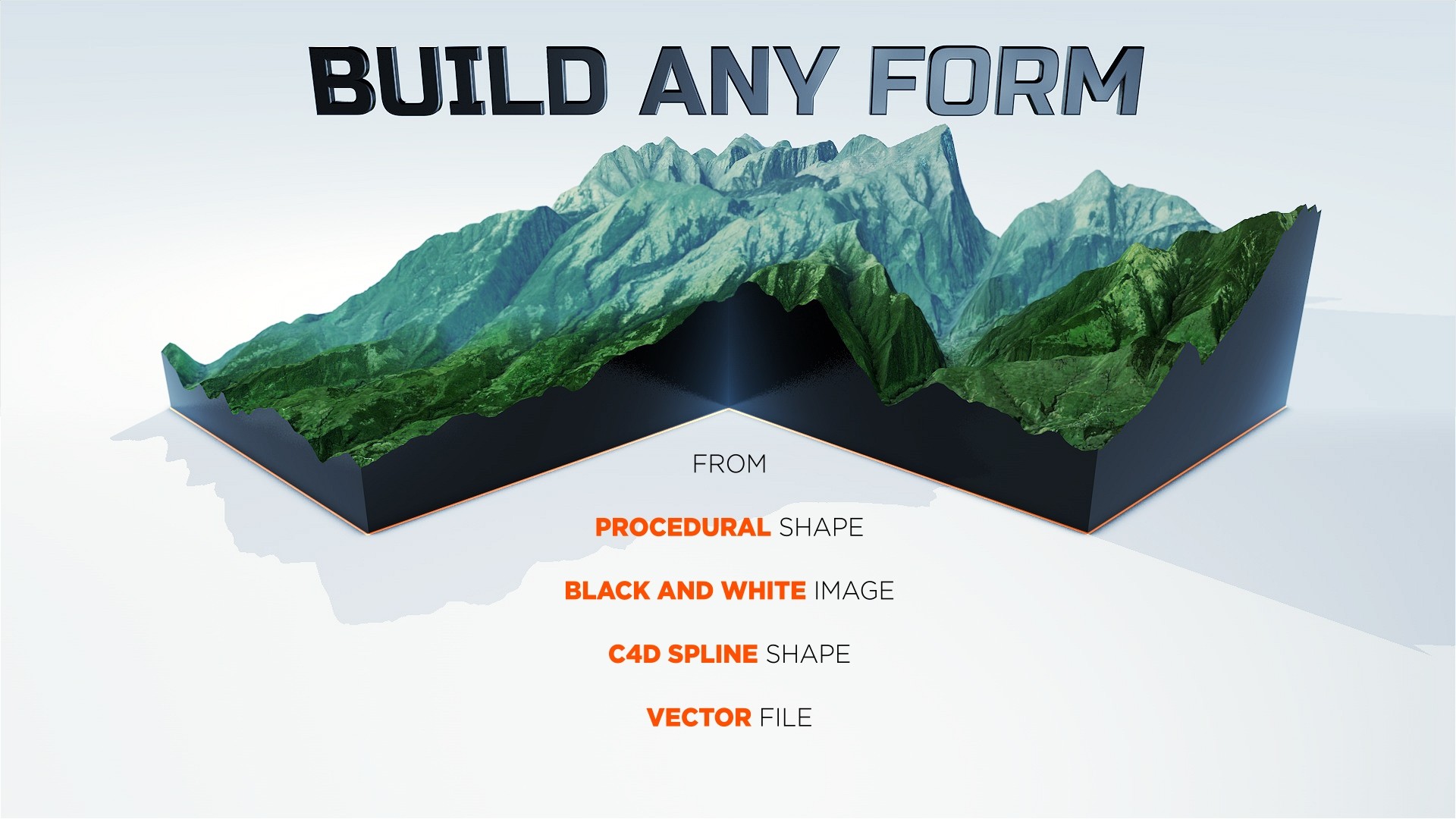 Build any form from procedural shape, black and white image, c4d spline, vector file