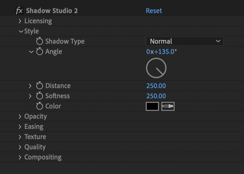 Shadow Studio 2 plugin UI inside After Effects
