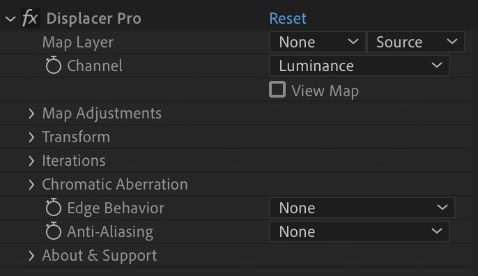 Displacer Pro 2 plugin UI inside After Effects