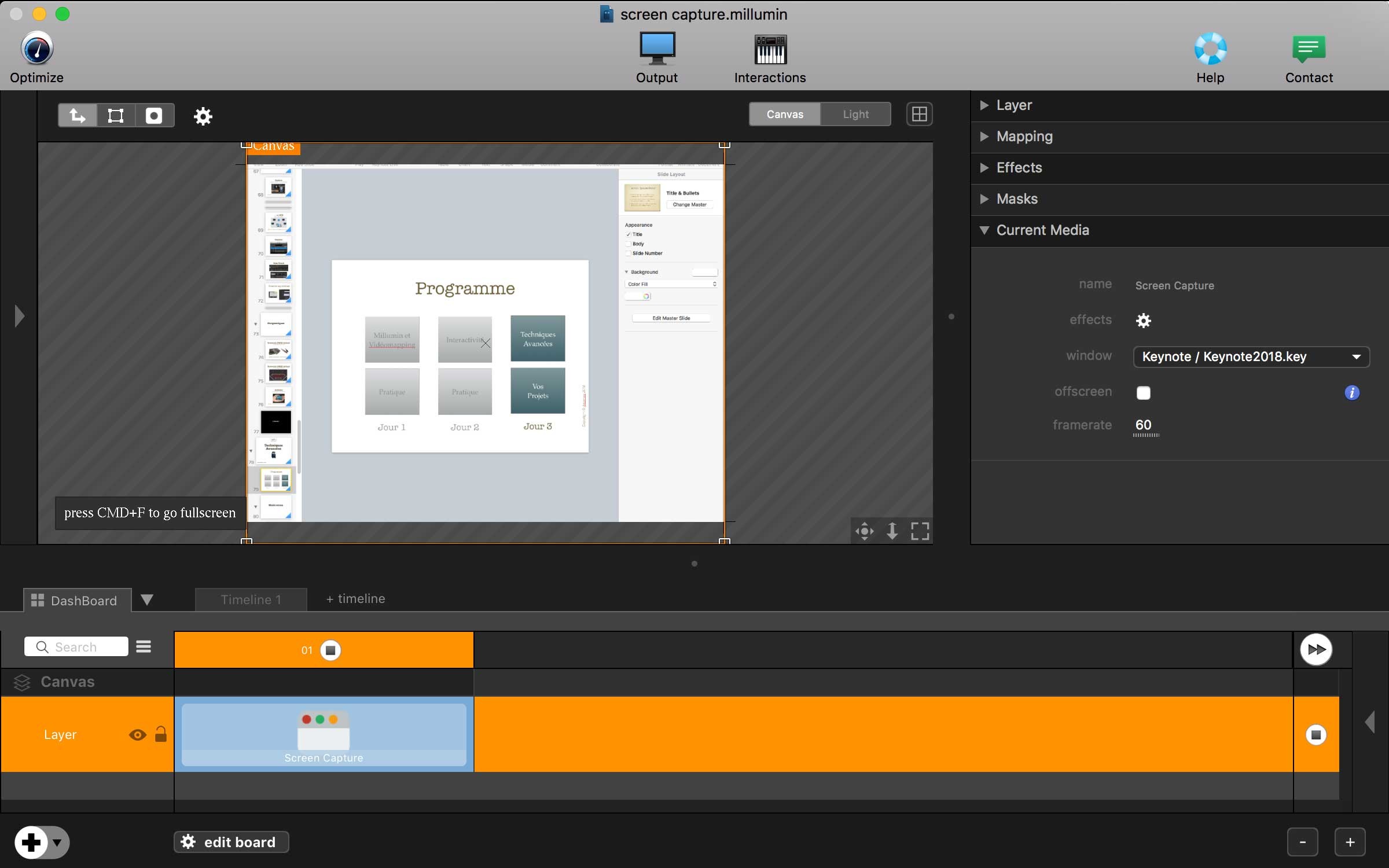 millumin tutorial output canvas