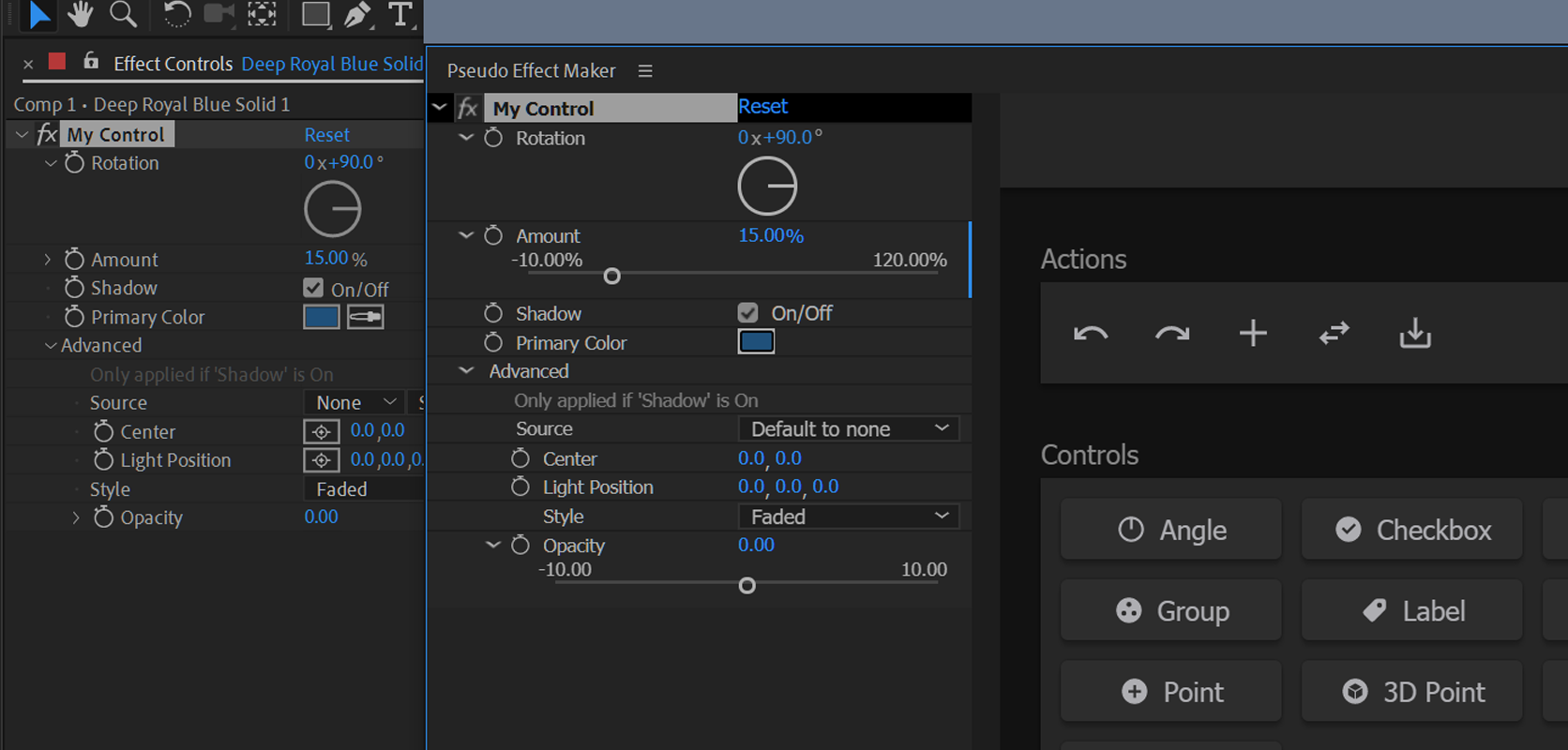 The Pseudo Effect Maker interface next to the applied control in the effect panel