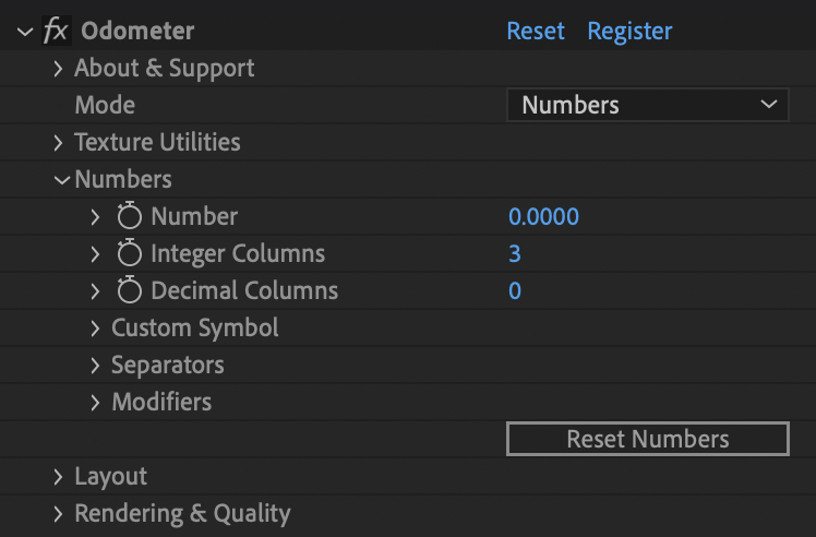 Odometer plugin UI inside After Effects