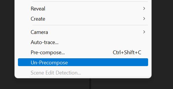 Screen capture showing Un-Precompose at the bottom of the layer menu