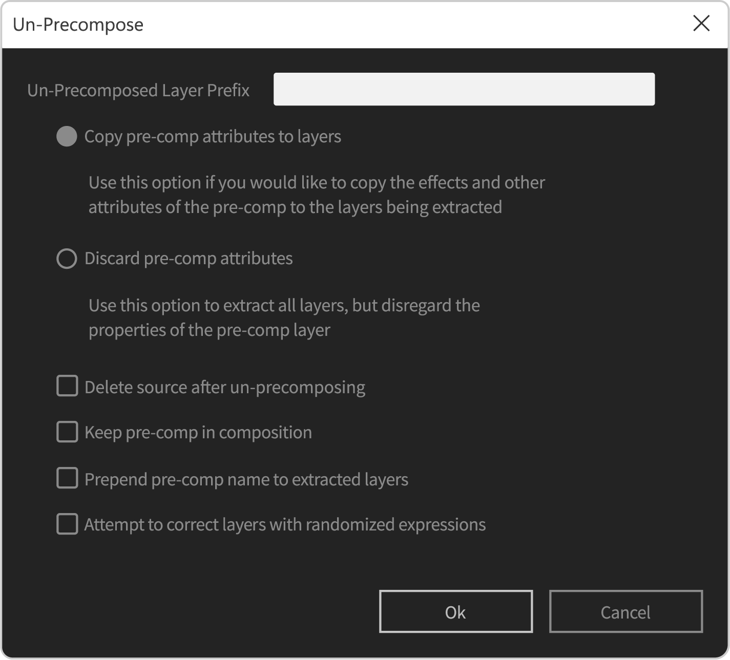 Screen capture showing Un-Precompose options