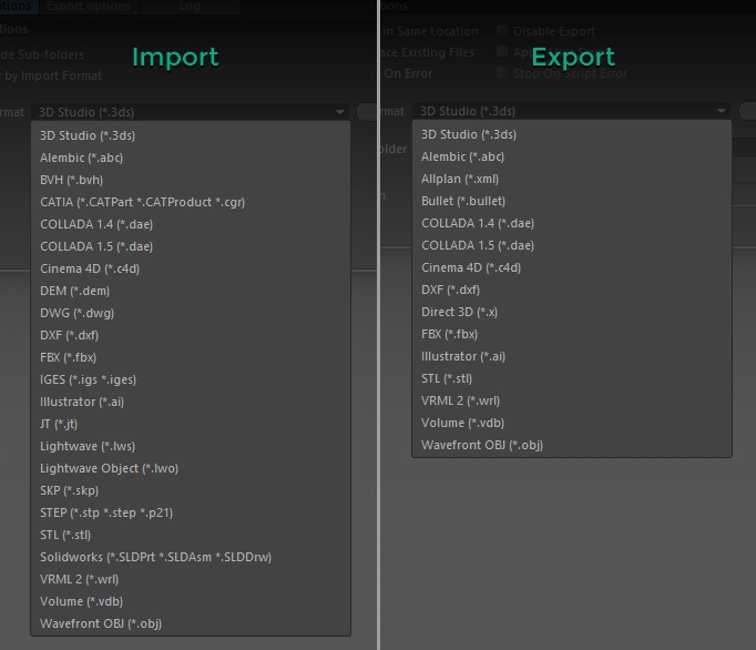 Batch Processor. Import and Export formats